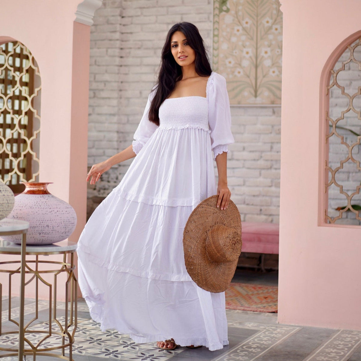Selena Elasticized Empire Waist Tiered Boho Maxi Dress