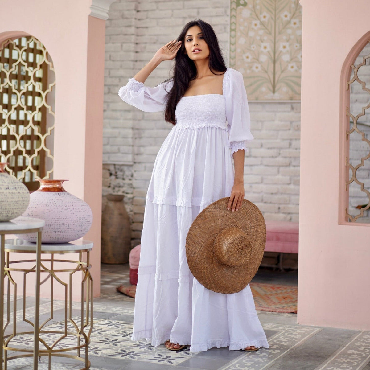 Selena Elasticized Empire Waist Tiered Boho Maxi Dress