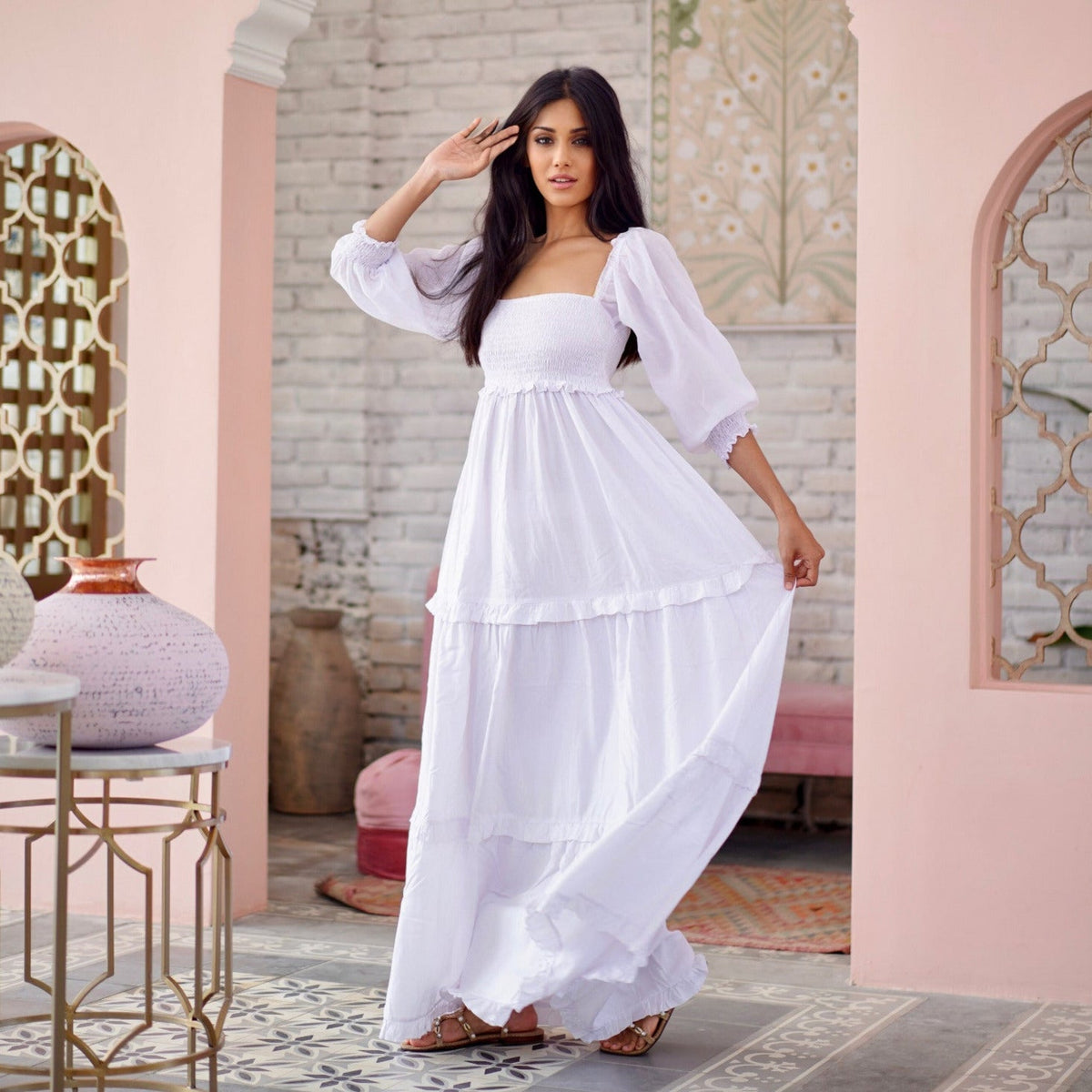 Selena Elasticized Empire Waist Tiered Boho Maxi Dress