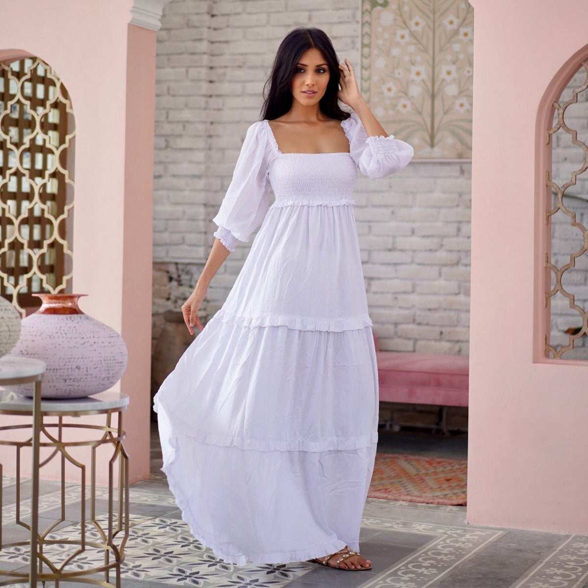 Selena Elasticized Empire Waist Tiered Boho Maxi Dress