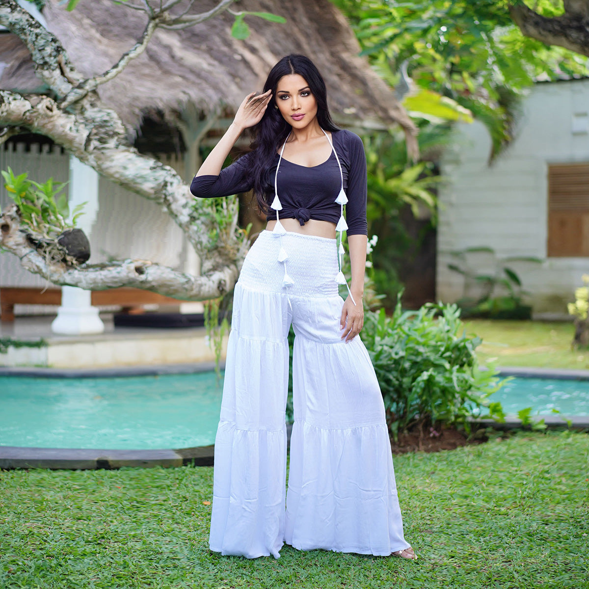 Zoie Smocked Waist Palazzo Ruffle Pants