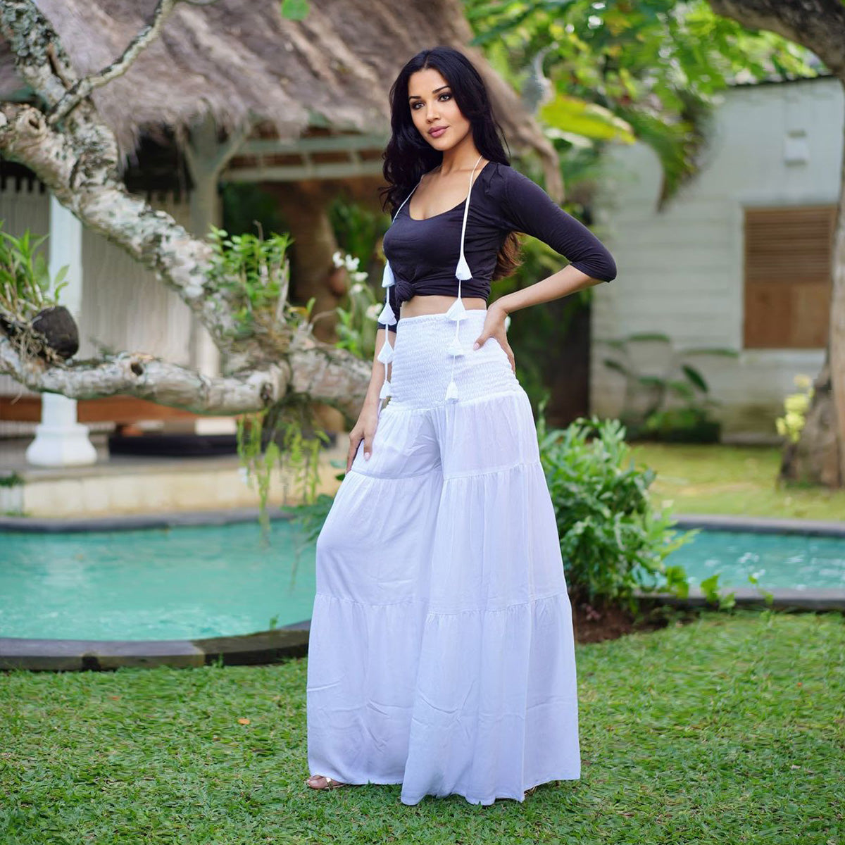Zoie Smocked Waist Palazzo Ruffle Pants