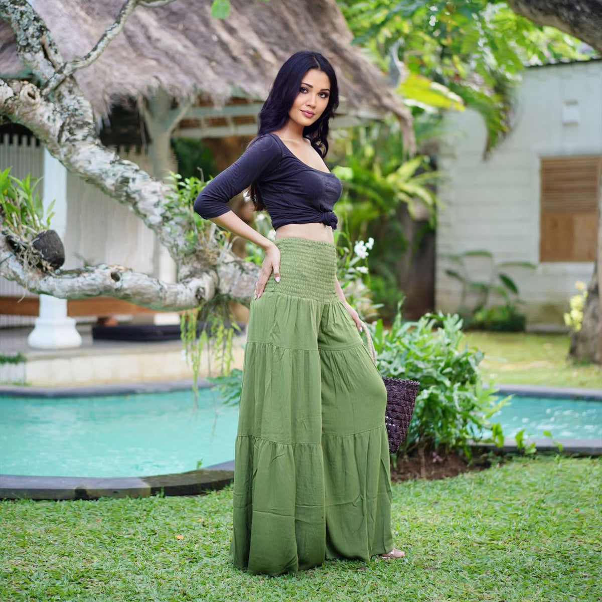 Zoie Smocked Waist Palazzo Ruffle Pants
