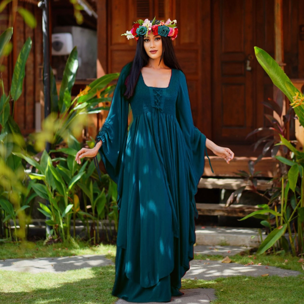 Araceli Renaissance Smocked Bodice Lace Up Maxi Dress