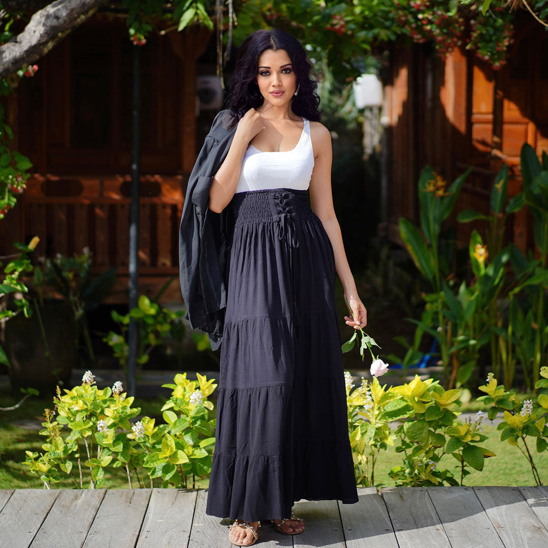 Kamilah Elasticized Lace Up Waistband Renaissance Maxi Skirt