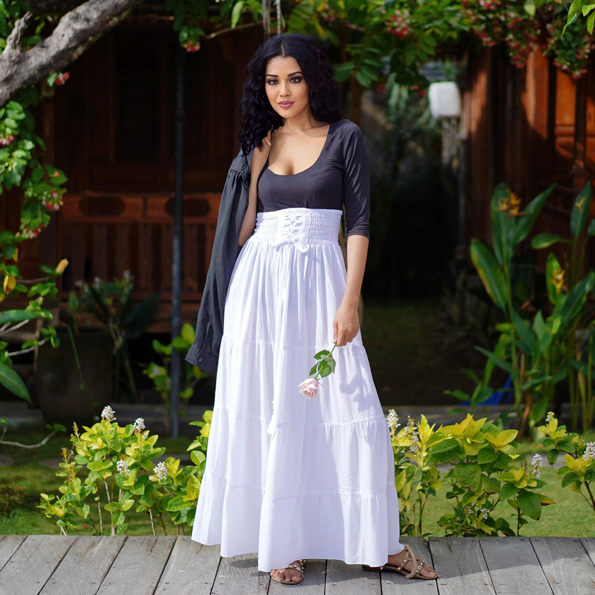 Kamilah Elasticized Lace Up Waistband Renaissance Maxi Skirt