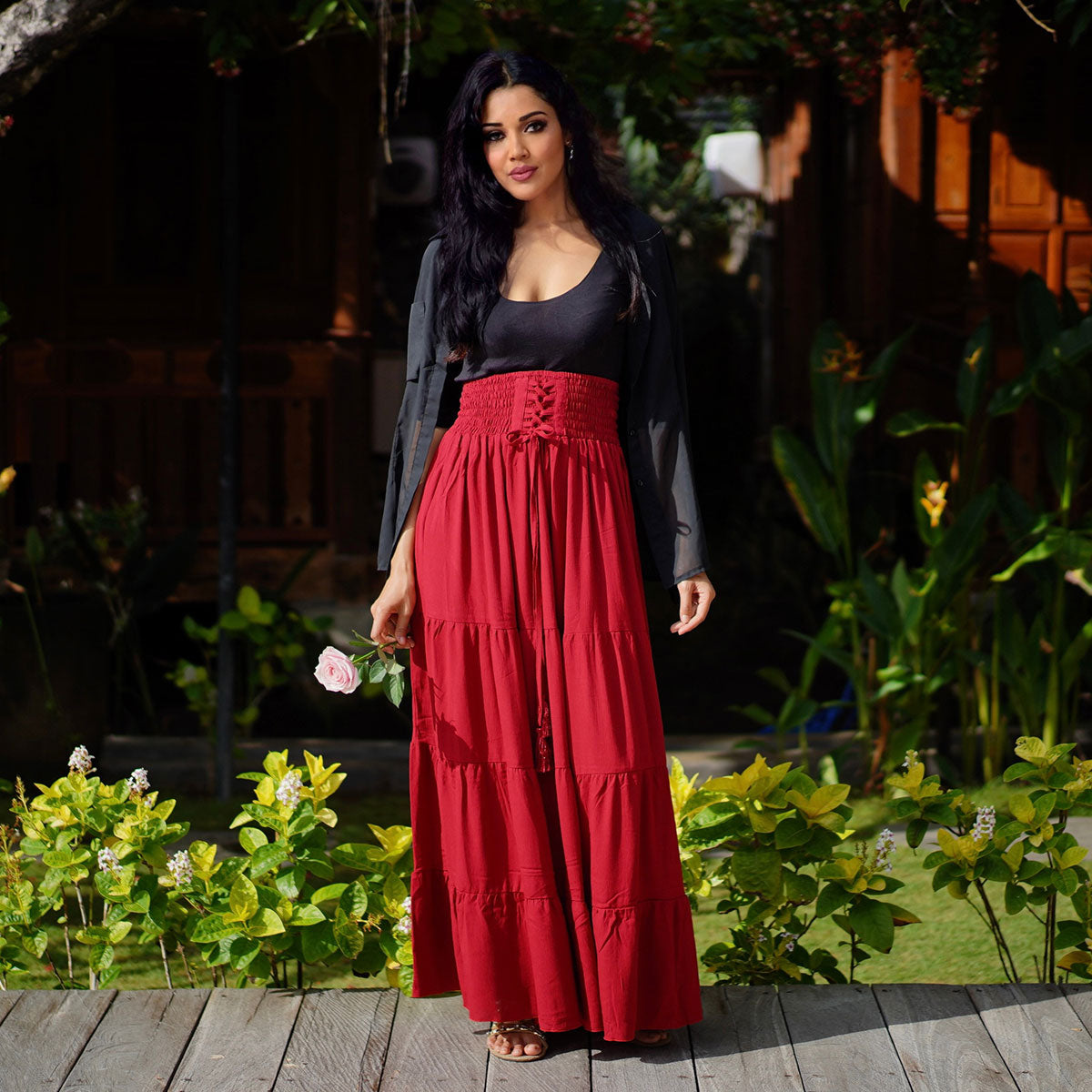 Kamilah Elasticized Lace Up Waistband Renaissance Maxi Skirt
