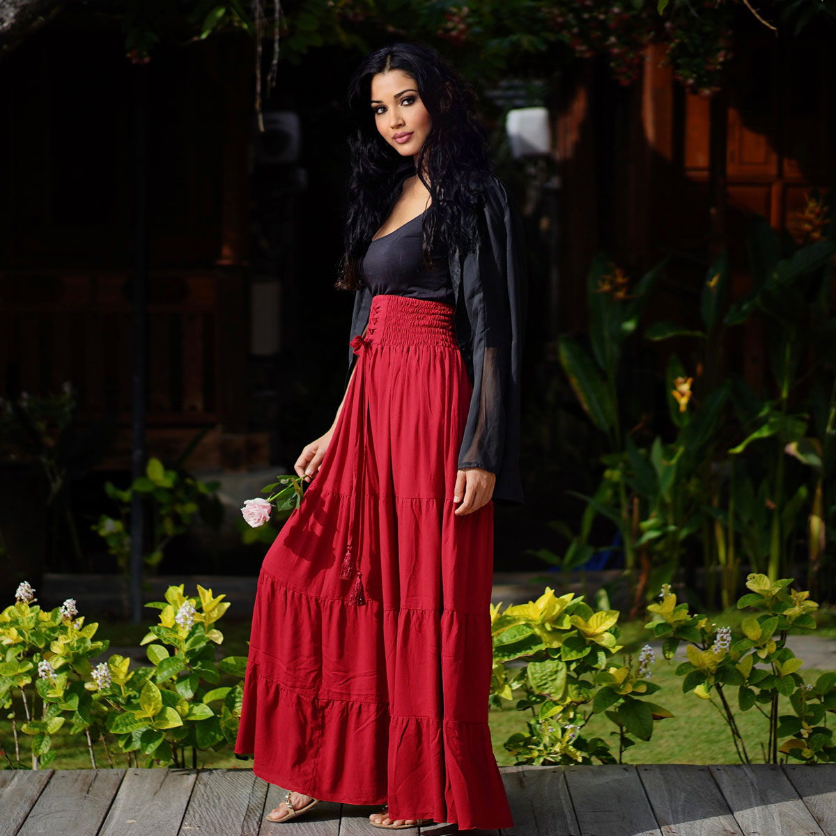 Kamilah Elasticized Lace Up Waistband Renaissance Maxi Skirt