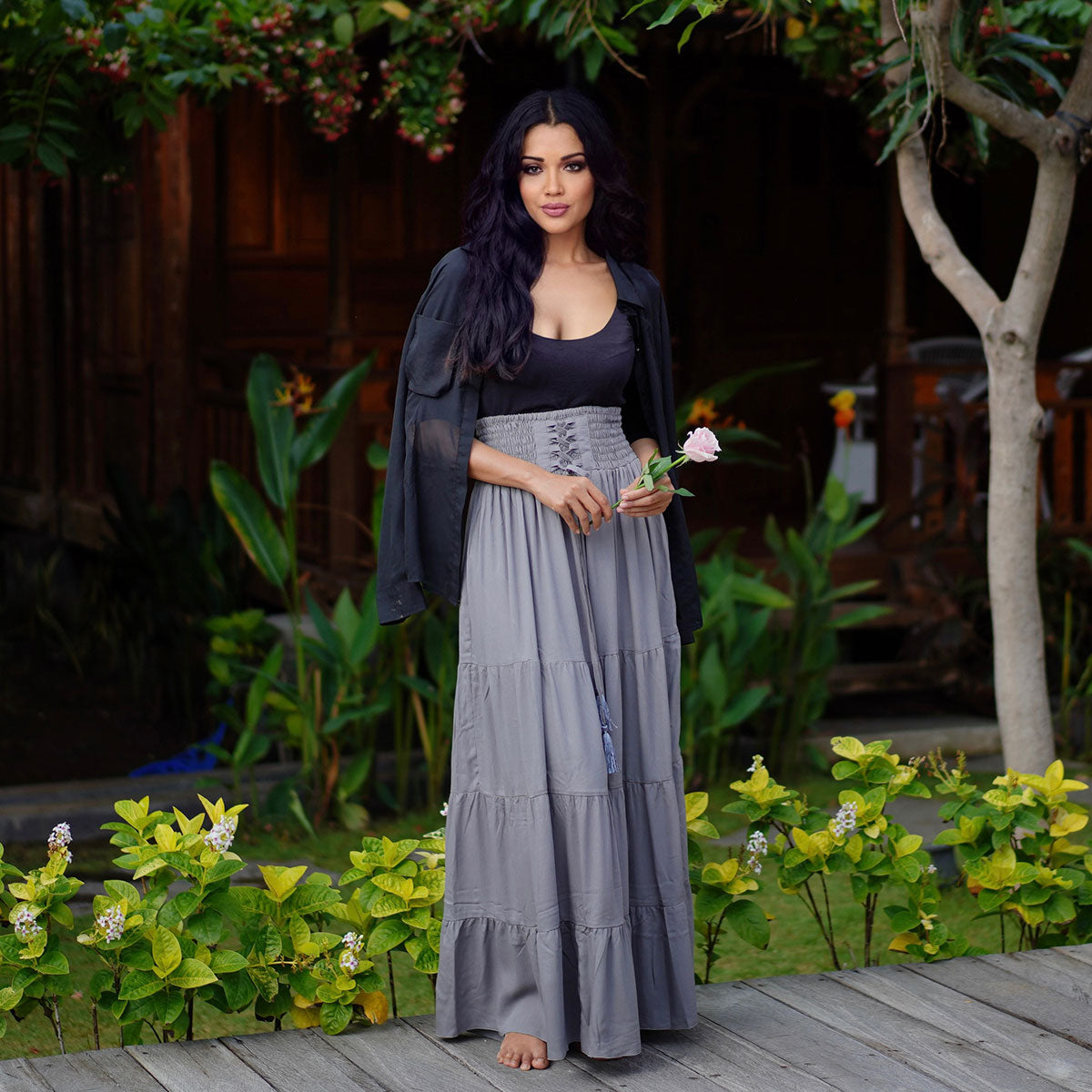Kamilah Elasticized Lace Up Waistband Renaissance Maxi Skirt