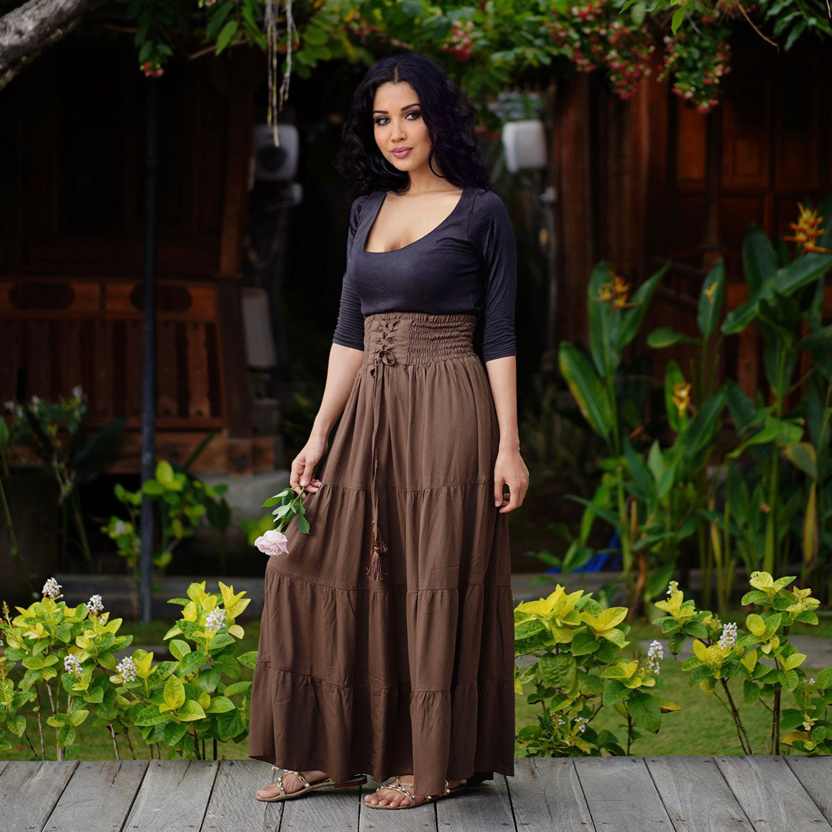 Kamilah Elasticized Lace Up Waistband Renaissance Maxi Skirt