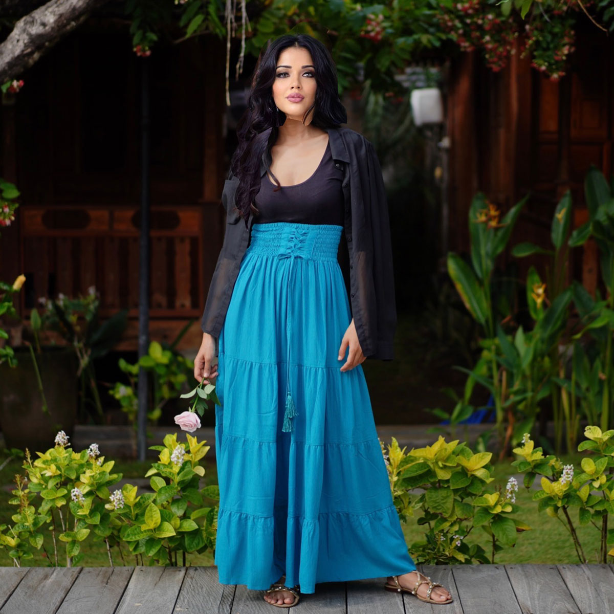 Kamilah Elasticized Lace Up Waistband Renaissance Maxi Skirt