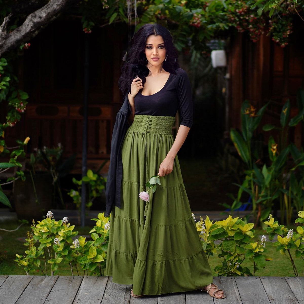 Kamilah Elasticized Lace Up Waistband Renaissance Maxi Skirt