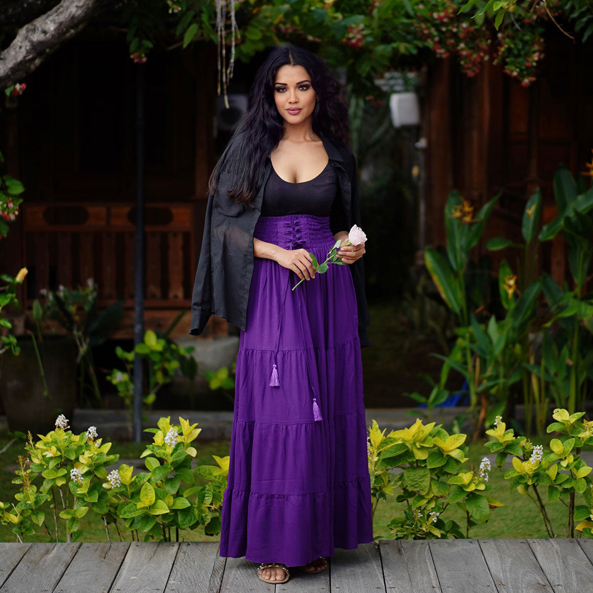 Kamilah Elasticized Lace Up Waistband Renaissance Maxi Skirt