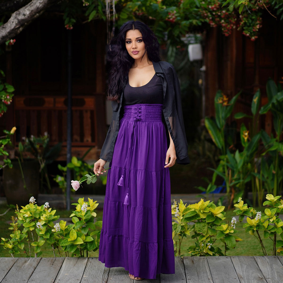 Kamilah Elasticized Lace Up Waistband Renaissance Maxi Skirt