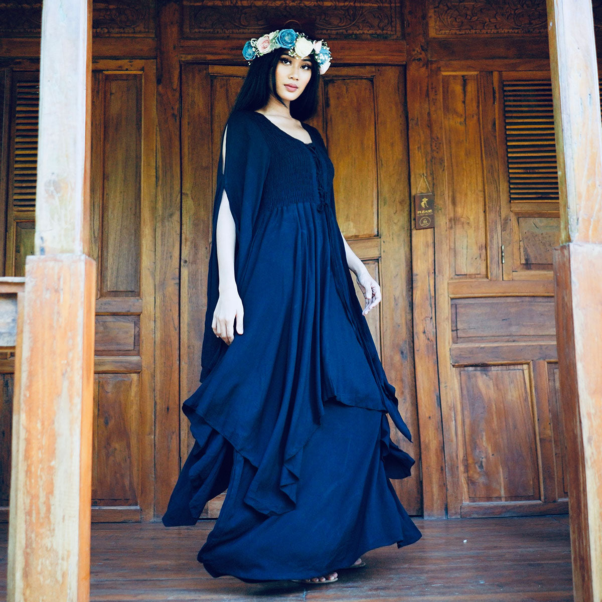Keyla Renaissance Lace Up Smocked Goddess Maxi Dress
