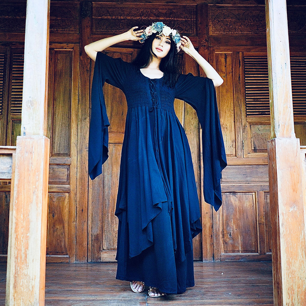 Keyla Renaissance Lace Up Smocked Goddess Maxi Dress