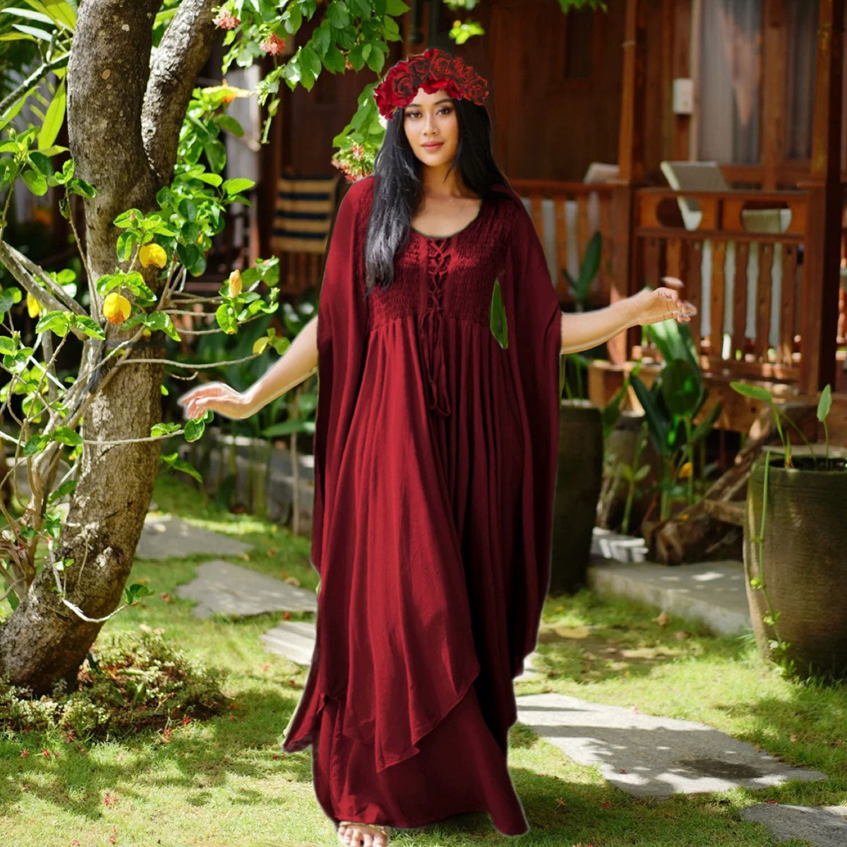 Keyla Renaissance Lace Up Smocked Goddess Maxi Dress