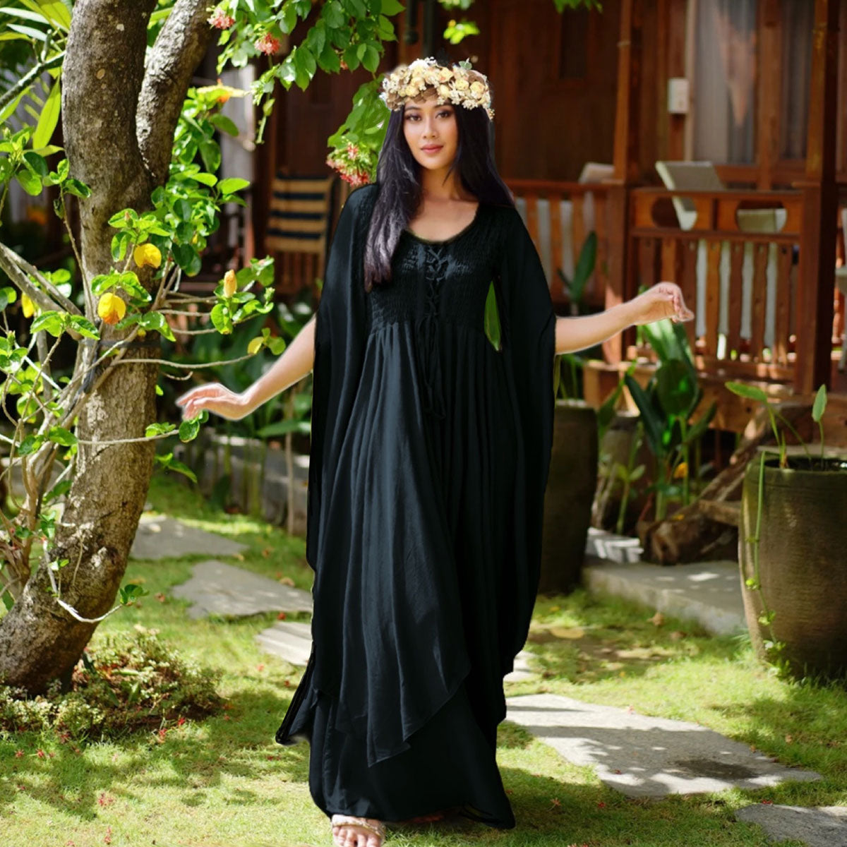 Keyla Renaissance Lace Up Smocked Goddess Maxi Dress