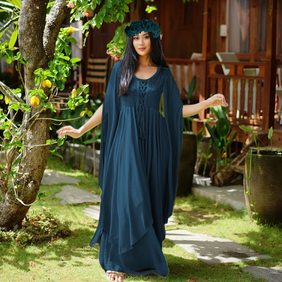 Keyla Renaissance Lace Up Smocked Goddess Maxi Dress