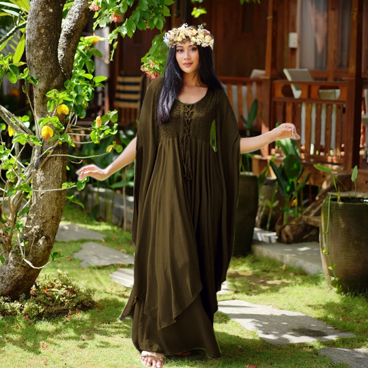 Keyla Renaissance Lace Up Smocked Goddess Maxi Dress