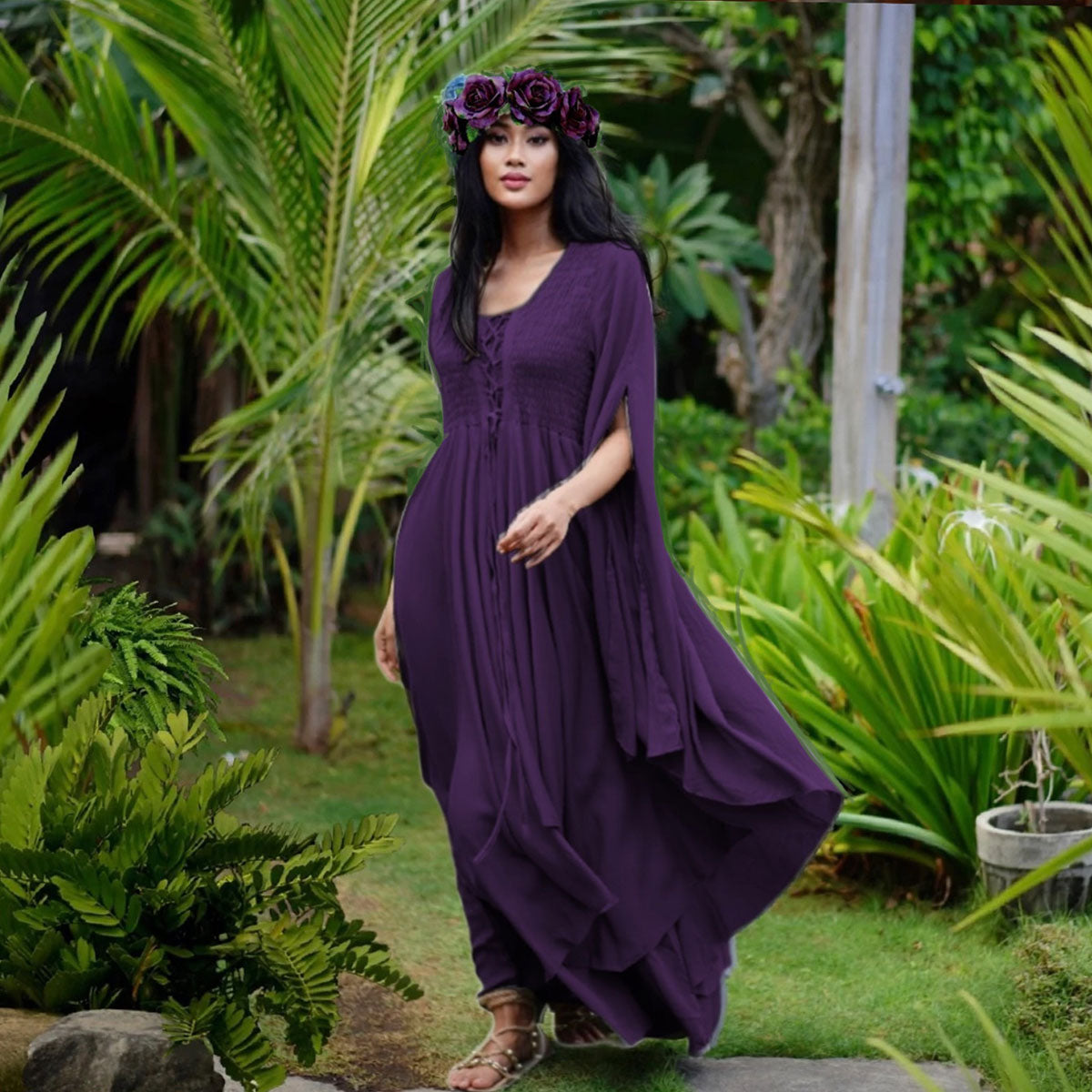 Keyla Renaissance Lace Up Smocked Goddess Maxi Dress