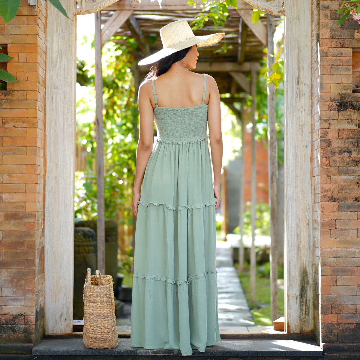 Azaria Elasticized Smocked Bodice Boho Maxi Dress