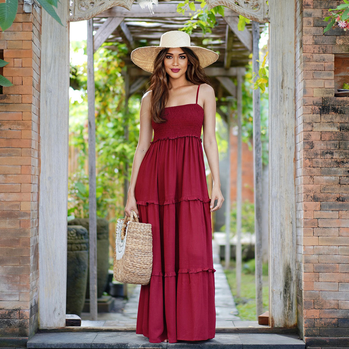 Azaria Elasticized Smocked Bodice Boho Maxi Dress