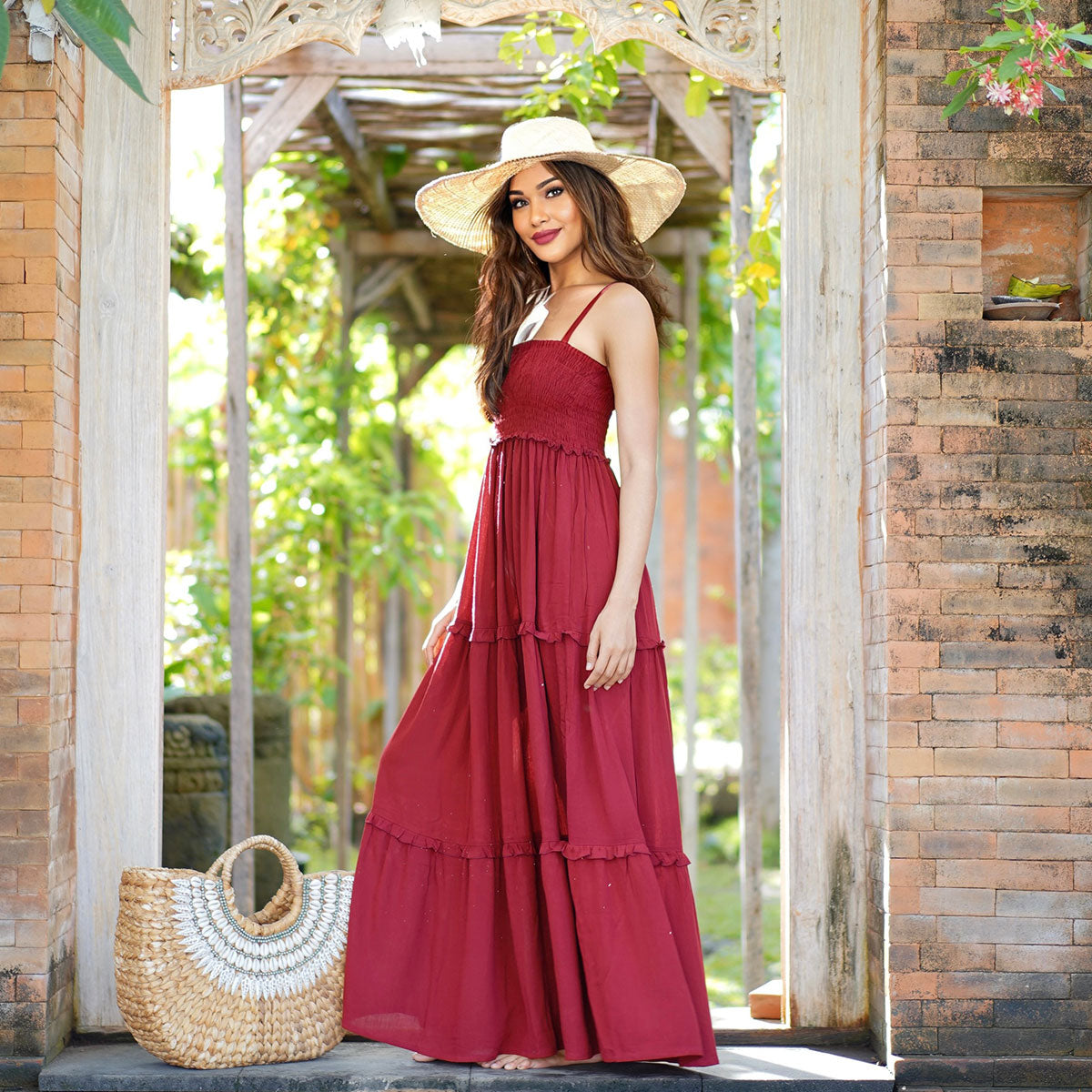 Azaria Elasticized Smocked Bodice Boho Maxi Dress
