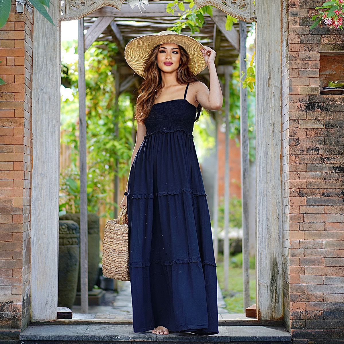 Azaria Elasticized Smocked Bodice Boho Maxi Dress