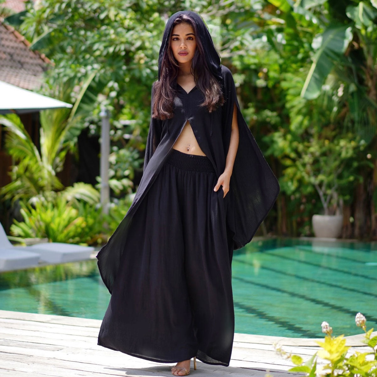 Aiyana Goth Palazzo Pant & Hooded long Blouse 2 Pc Outfit