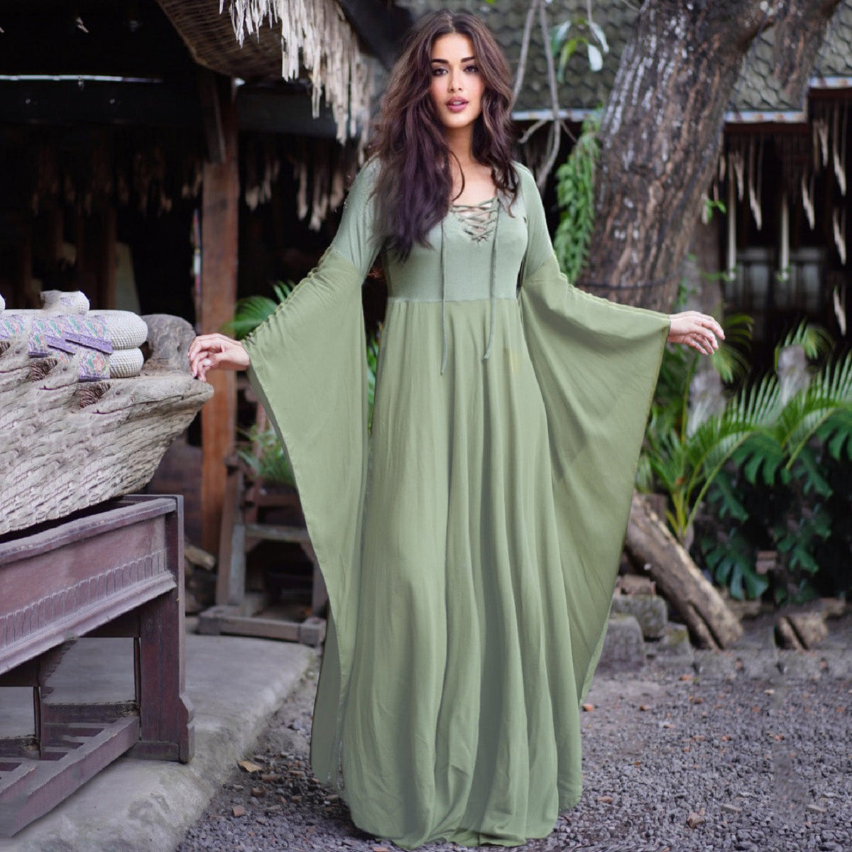 Emely Flowing Sleeve Lace Up Ties Renaissance Maxi Dress