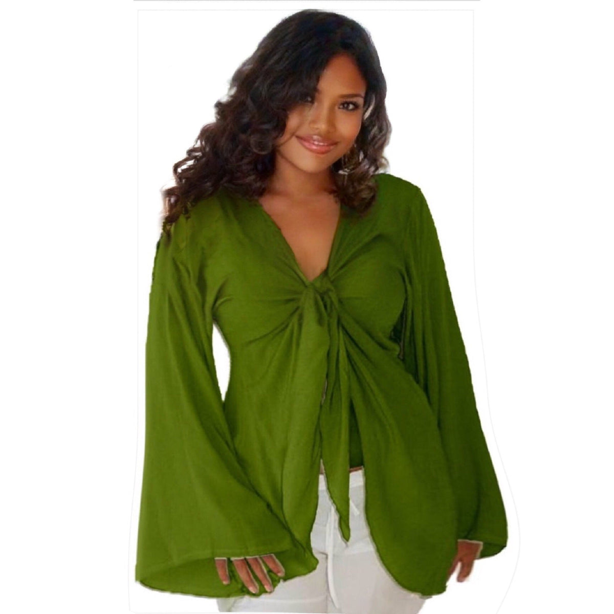 Brylee V Neckline Long Bell Sleeves Sexy Boho Chiffon Blouse