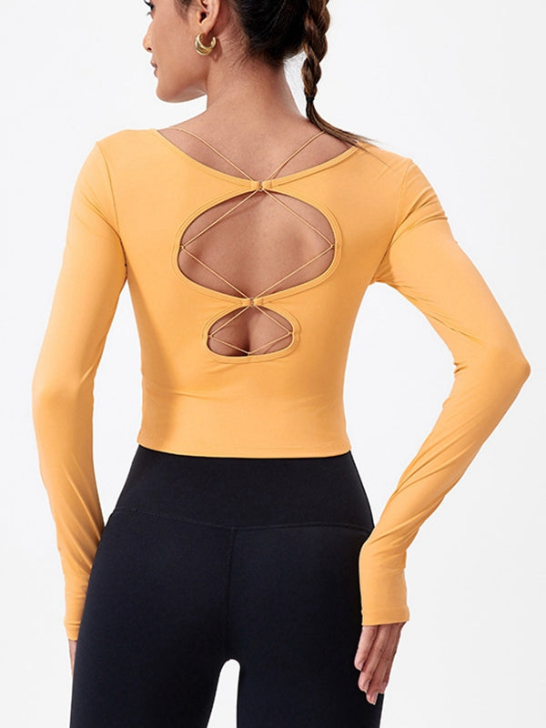 Hollow Out Faux Denim Cross Back Backless Yoga Long Sleeves