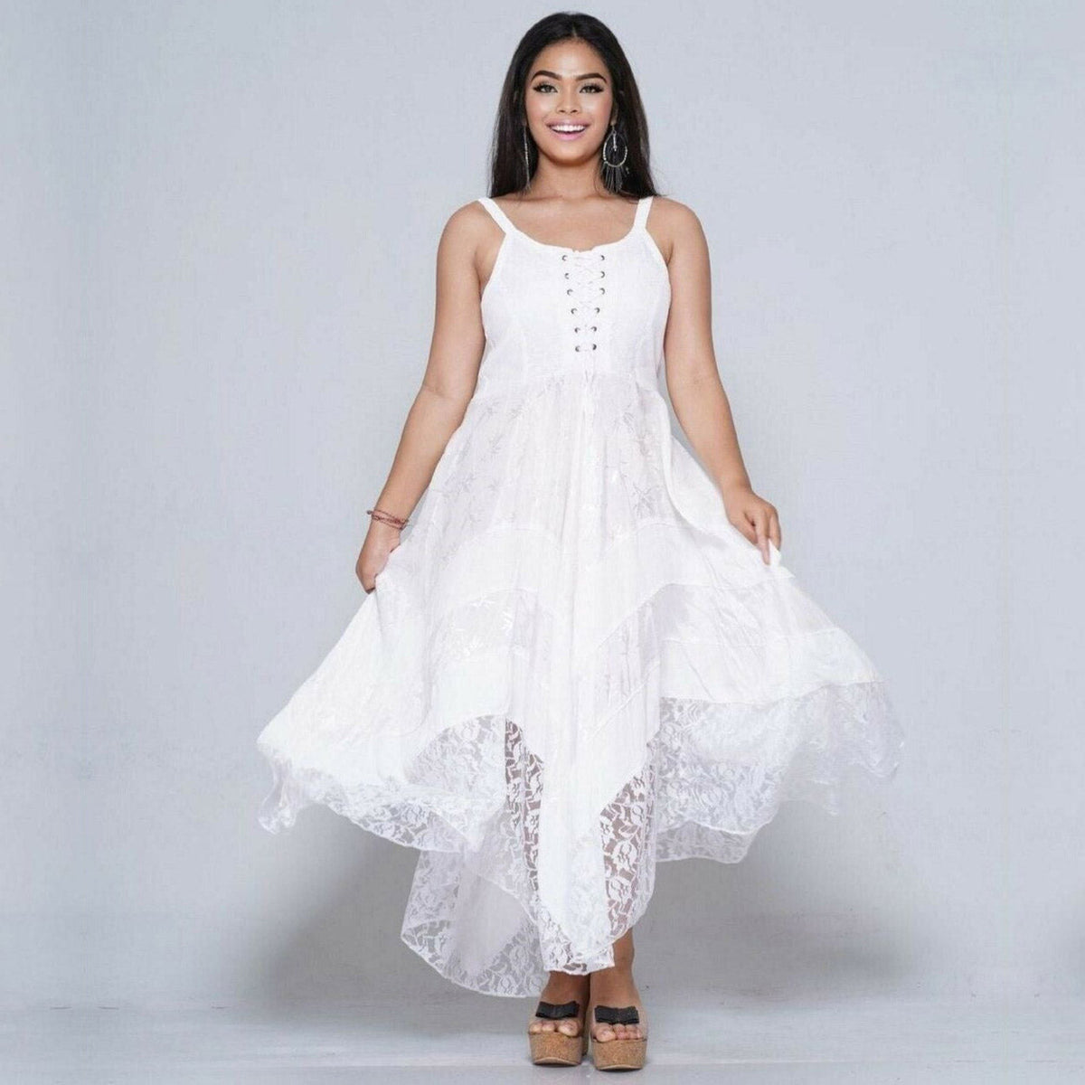 Ximena Victorian Adjustable Lacing Ties Flattering Maxi Dress