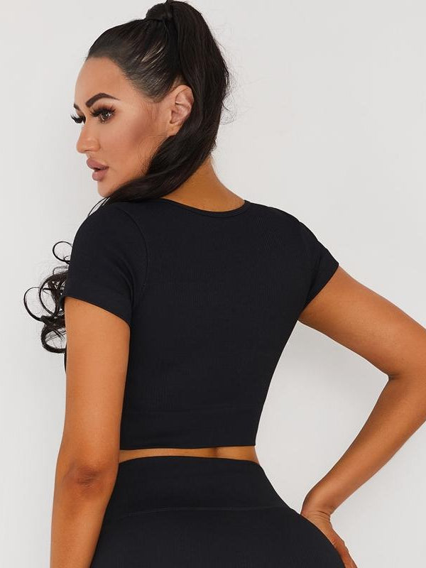 Knitted Chest Zipper Yoga Short Sleeves