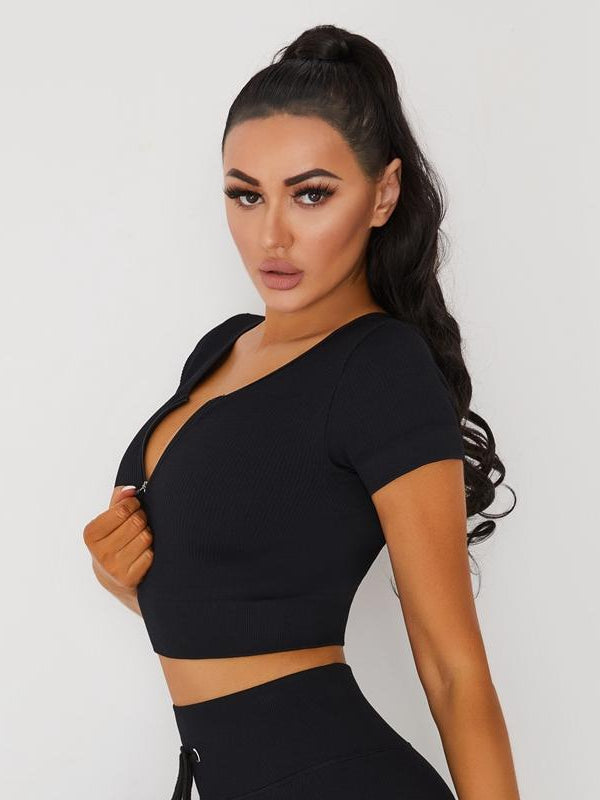 Knitted Chest Zipper Yoga Short Sleeves