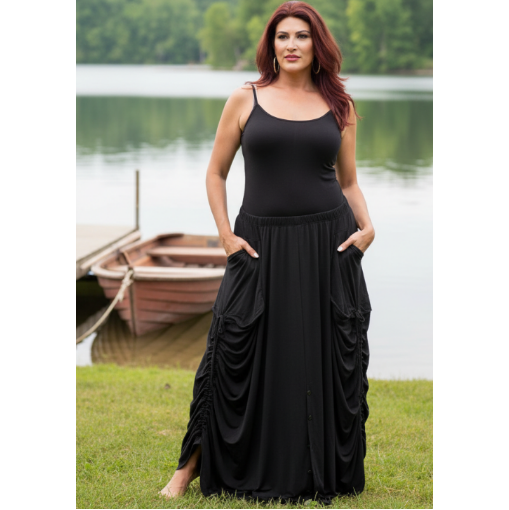 Boho Elastic Waist Pockets Maxi Skirt