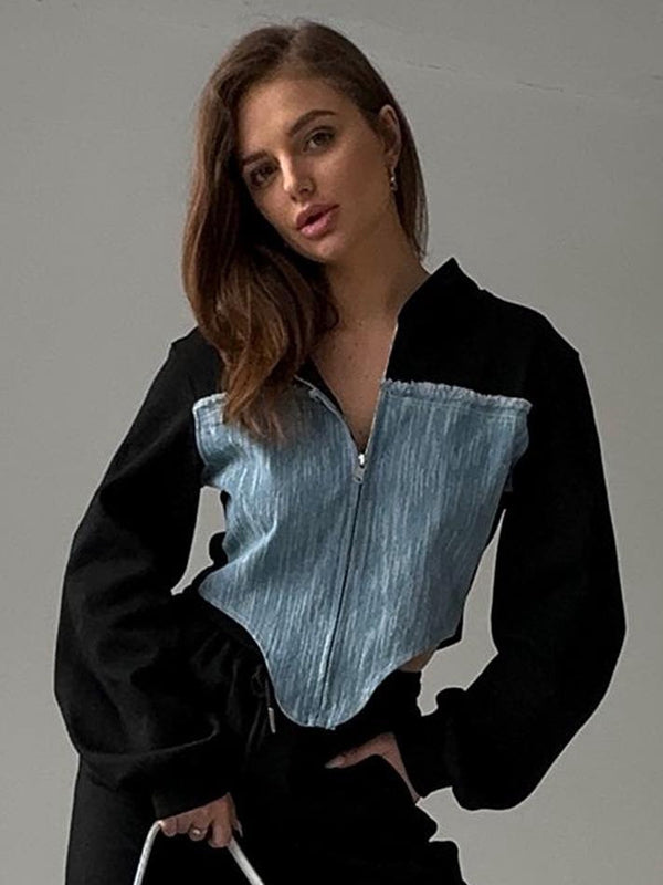Contrast Color Denim Zipper Hoodie