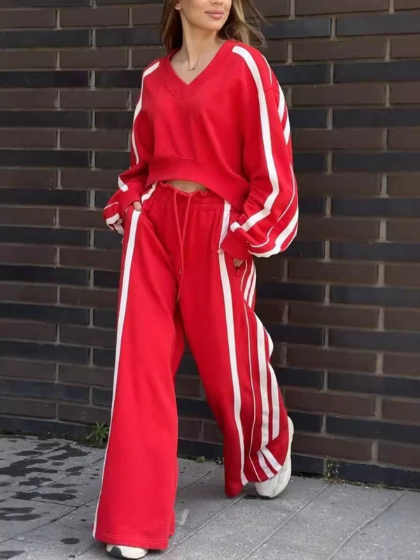 Contrast Color Stripes Big Heart Collar Pocket Casual Tracksuit