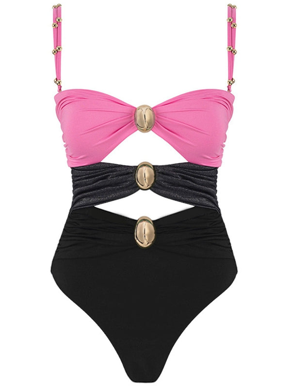 Contast Color Unique Cutout Button One Piece