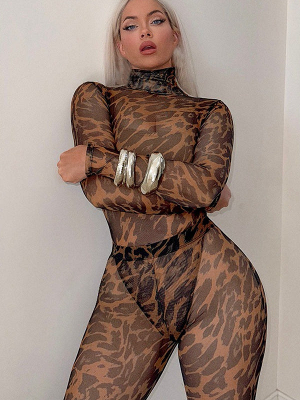 Leopard Print Mesh Jumpsuit