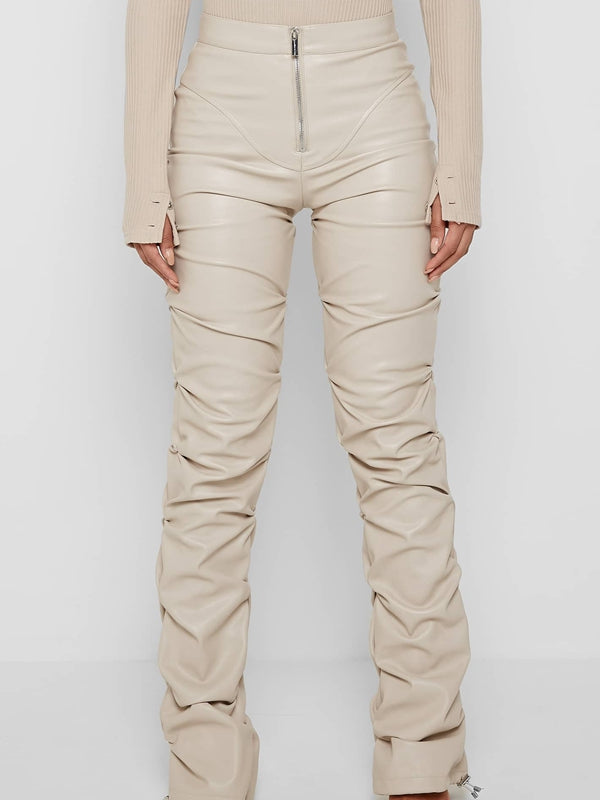 Faux Leather Folds Zipper Fashion Leggings