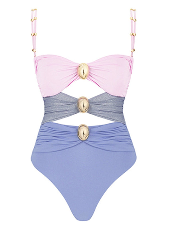 Contast Color Unique Cutout Button One Piece