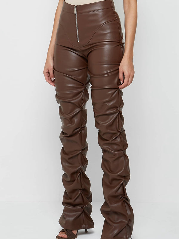 Faux Leather Folds Zipper Fashion Leggings
