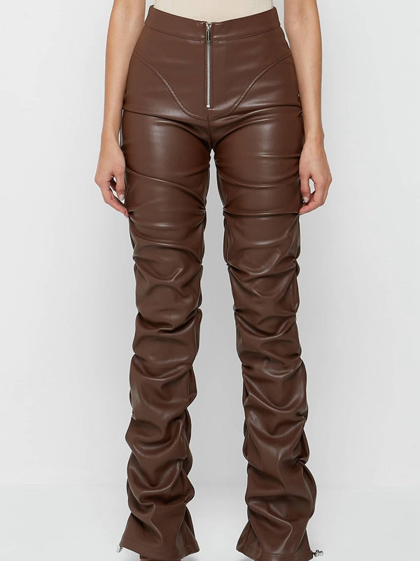 Faux Leather Folds Zipper Fashion Leggings