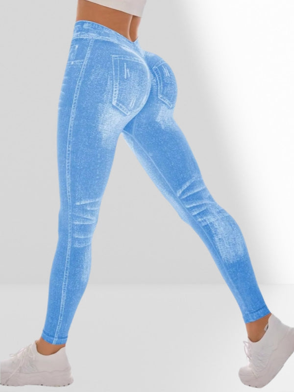 Deep V Back Denim Scrunch Bum Leggings