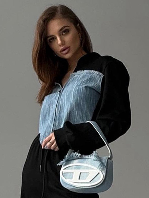 Contrast Color Denim Zipper Hoodie