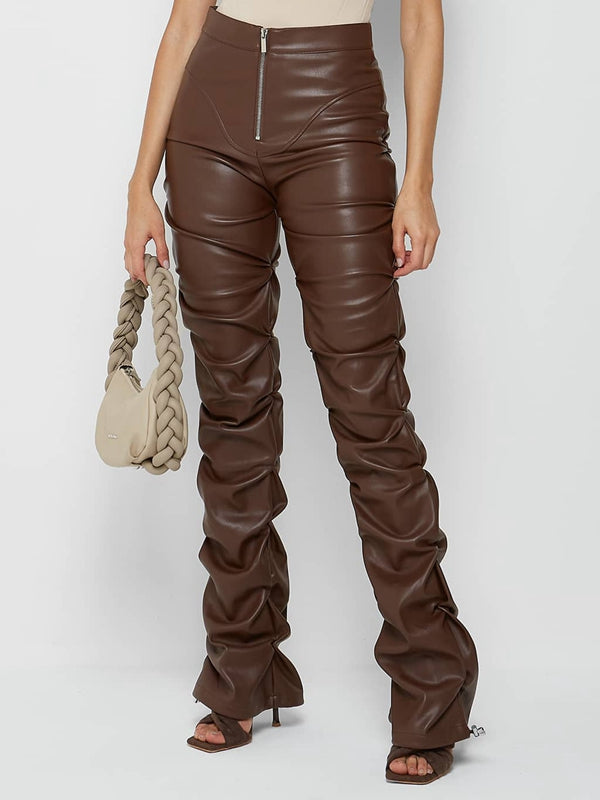 Faux Leather Folds Zipper Fashion Leggings