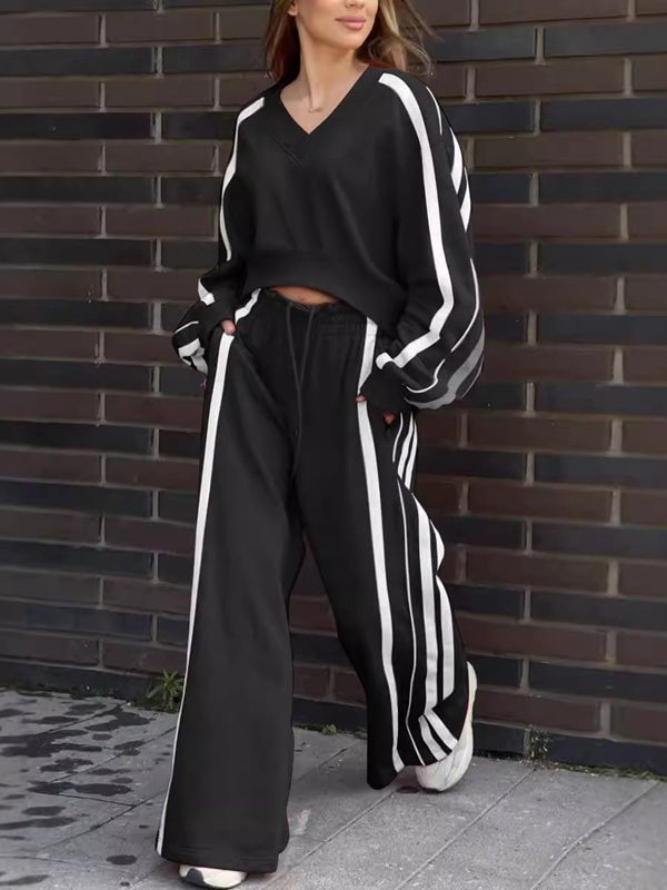 Contrast Color Stripes Big Heart Collar Pocket Casual Tracksuit