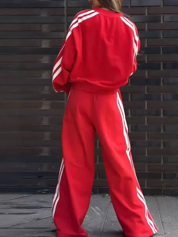 Contrast Color Stripes Big Heart Collar Pocket Casual Tracksuit